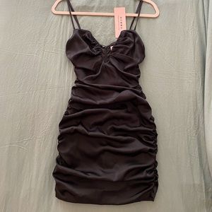 Dark Romance Ruched satin mini dress. NEVER WORN!!! adjustable straps.